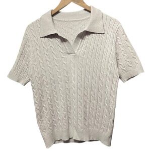 Plain blank Gray Cable knit woven fall winter V-neck polo sweater shirt top